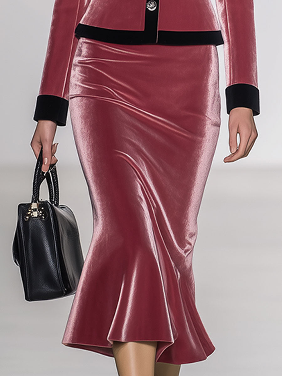Fashionable And Elegant Pink Velvet Midi Skirt Suit
