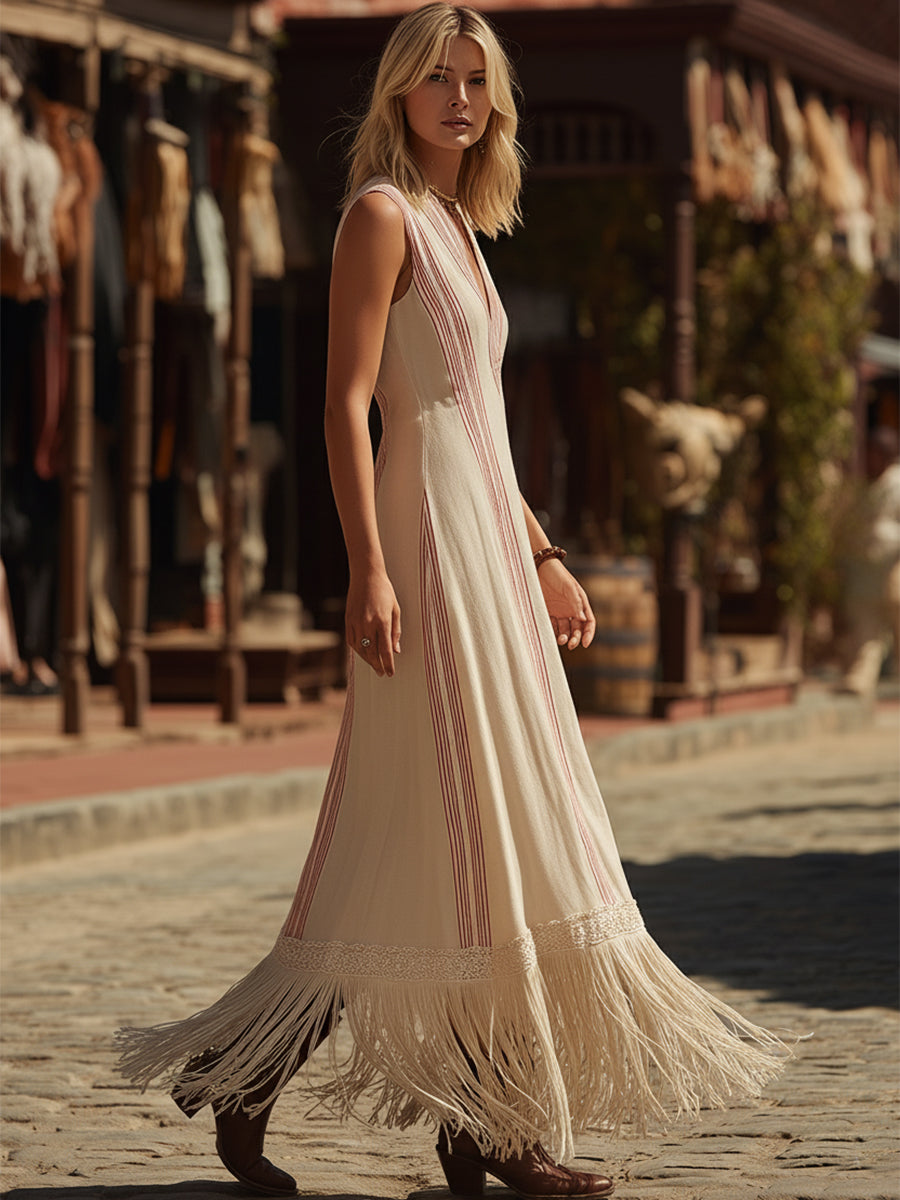 Bohemian Ethnic Style Red Striped Beige Cotton Linen V-neck Tassel Maxi Dress