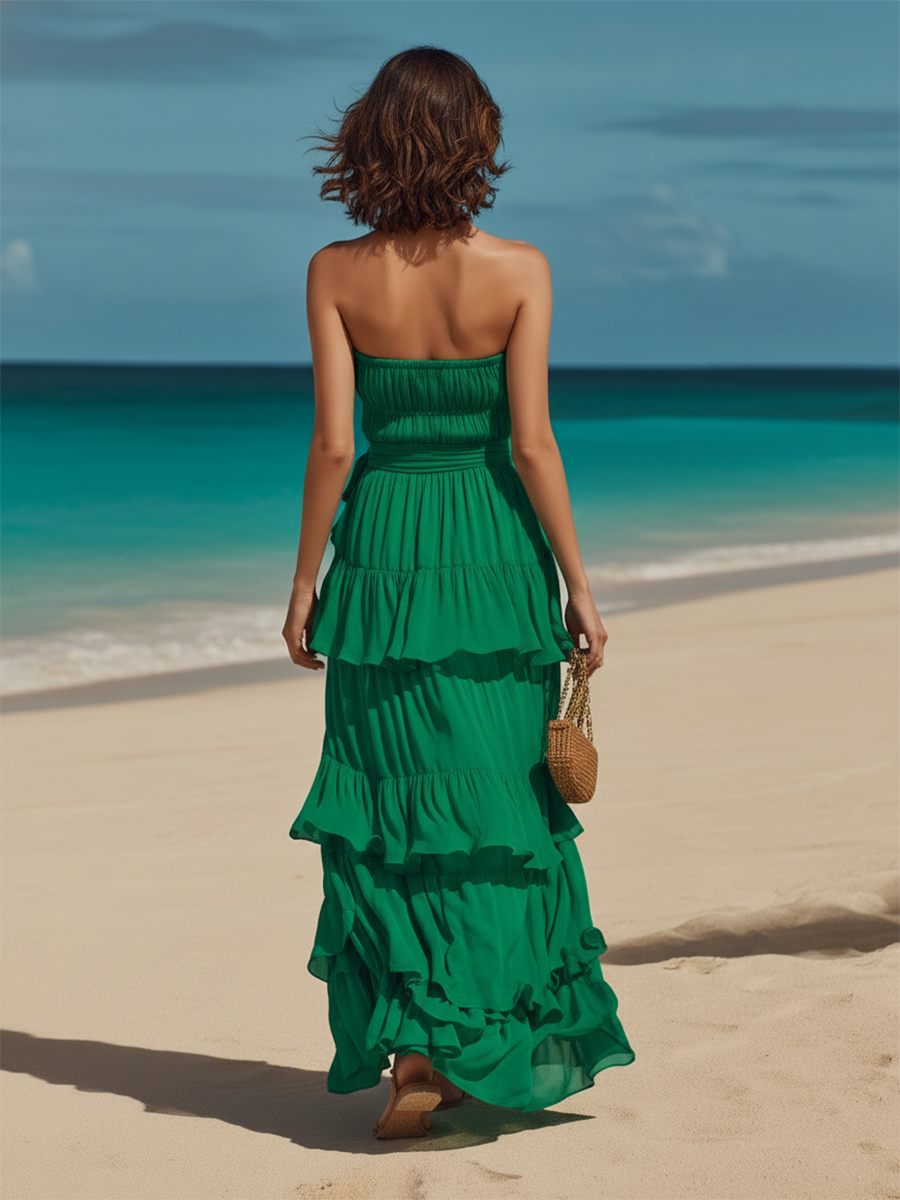 Green Resort-style Cotton Off-the-shoulder Maxi Dress