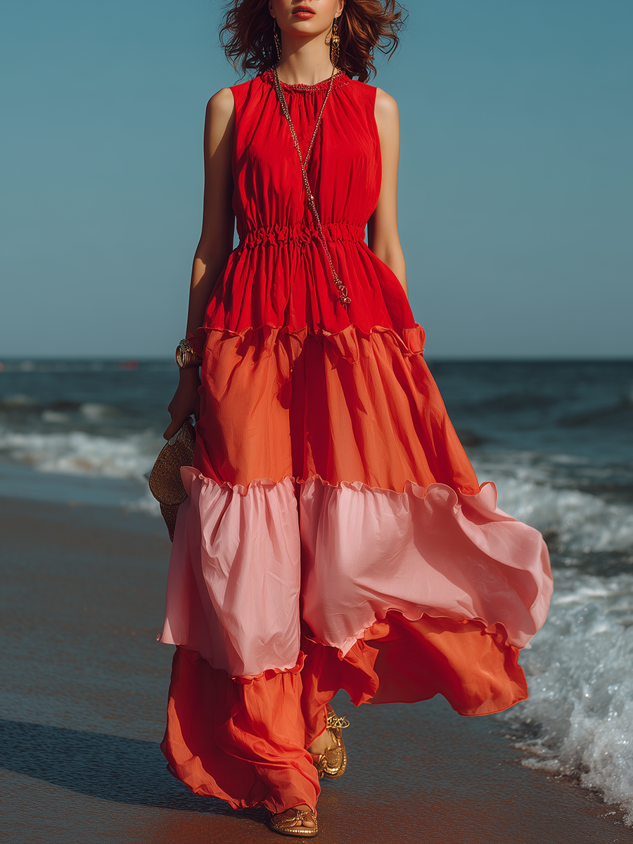 Vacation-style Sleeveless Round-neck Color-block Maxi Dress