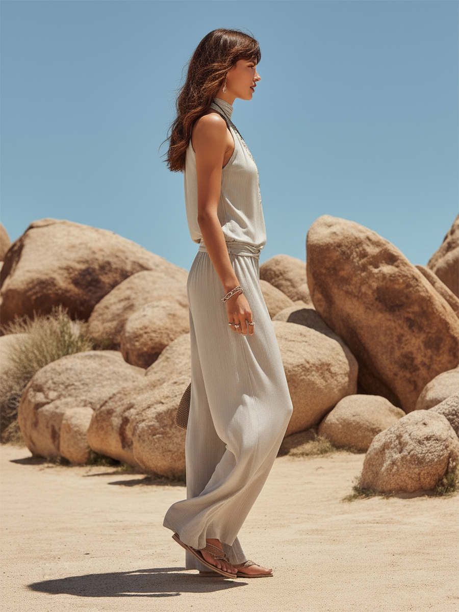 Vacation-style Embroidered Sleeveless Top And Trousers Set