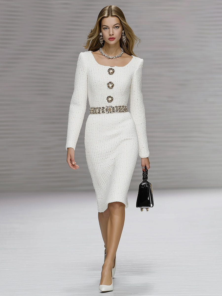 Stylish And Elegant White Tweed Midi Dress