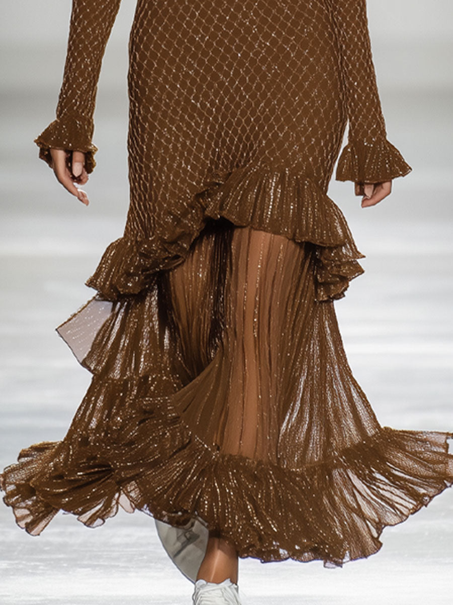 Elegant And Fashionable Brown Diamond Pattern Knitted Splicing Mesh Ruffle Long-Sleeved Maxi Dress