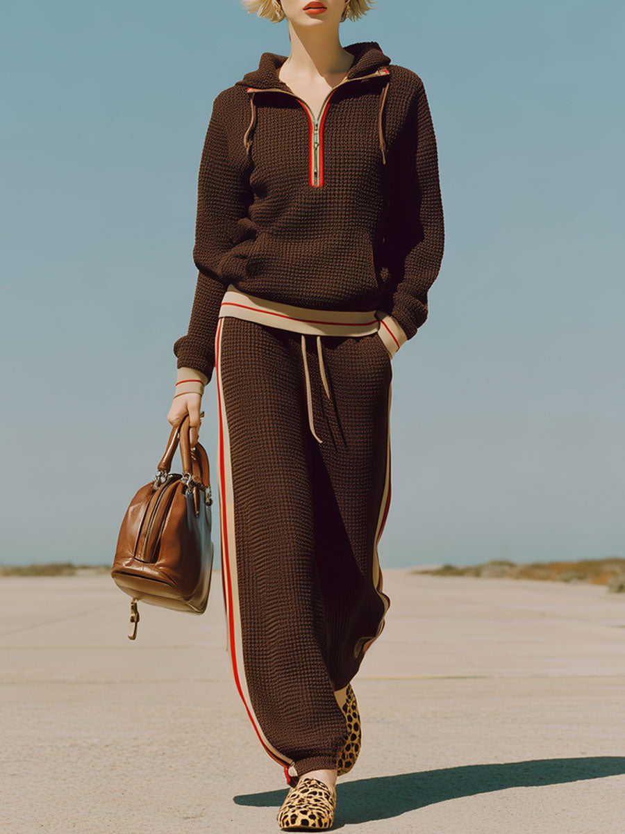 Vintage Long Sleeve Striped Trim Hooded Sweatshirt Cocoa Brown Waffle Set