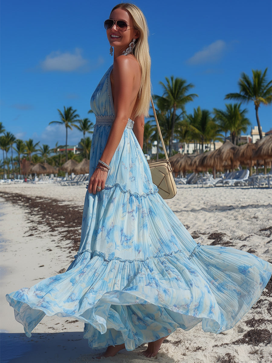 Bohemian Light Blue Chiffon Printed Halter Neck Pleated Maxi Dress