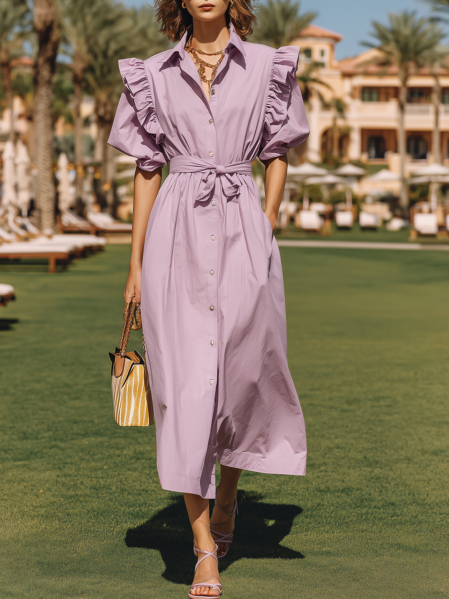 Purple Resort-style Cotton Shirt Collar Midi Dress