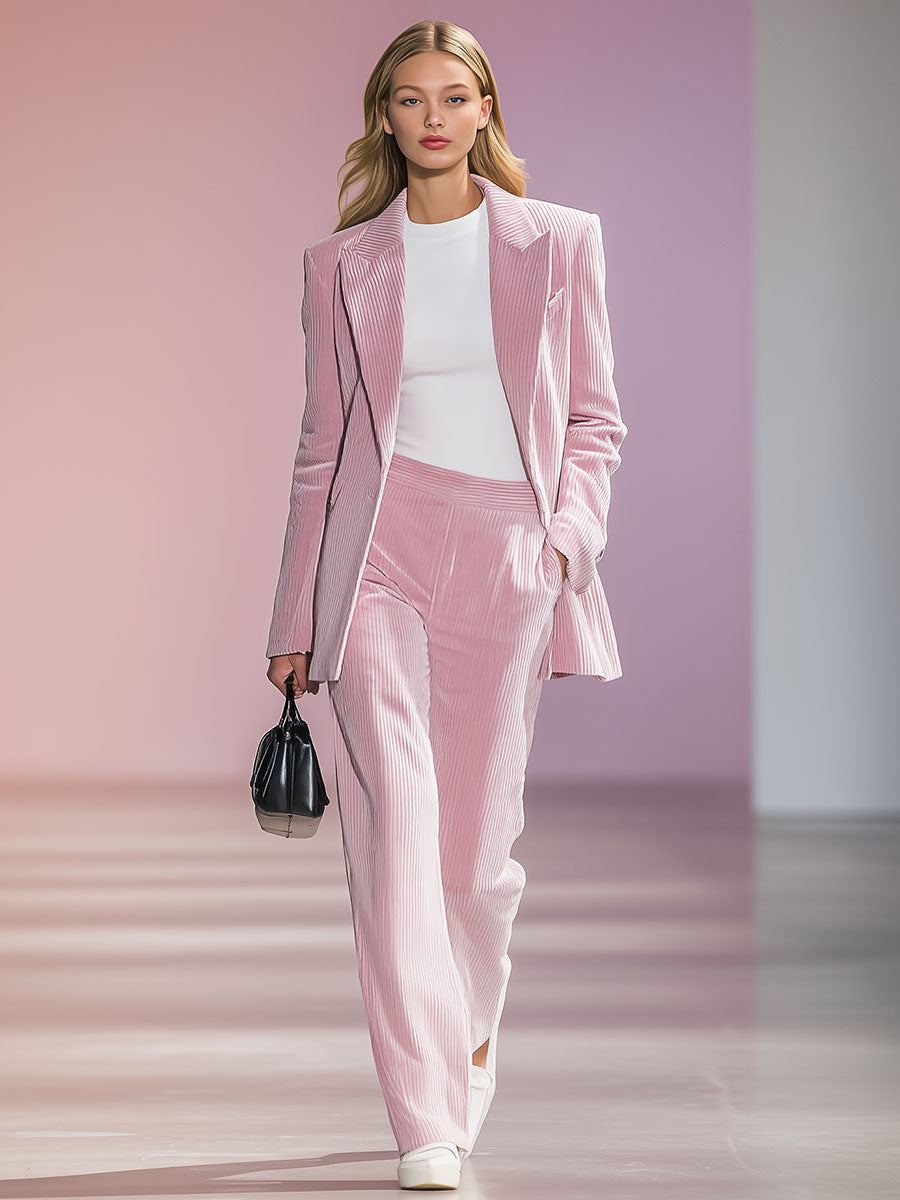 Retro Fashion Pink Lapel Corduroy Suit Jacket And Wide-Leg Pants Two-Piece Set