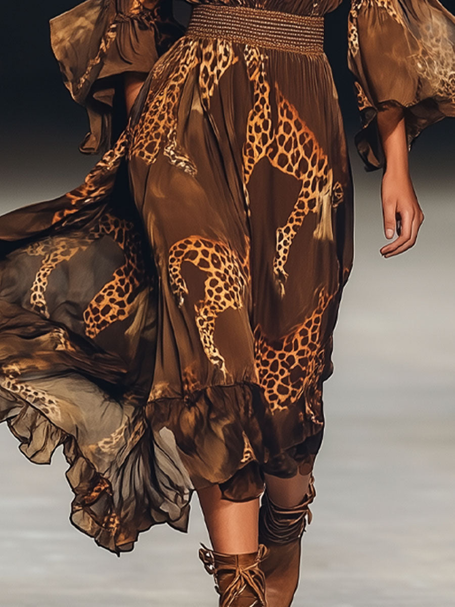 Elegant Casual Retro Dark Brown Giraffe Print Chiffon Long Sleeve Midi Dress