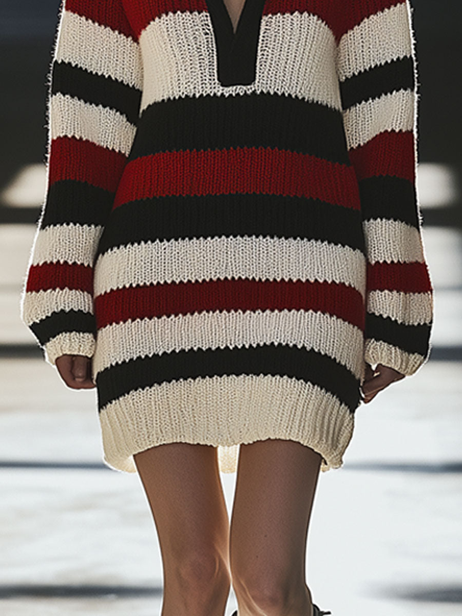 Retro Casual Loose Contrast Striped Knitted Hooded Mini Dress