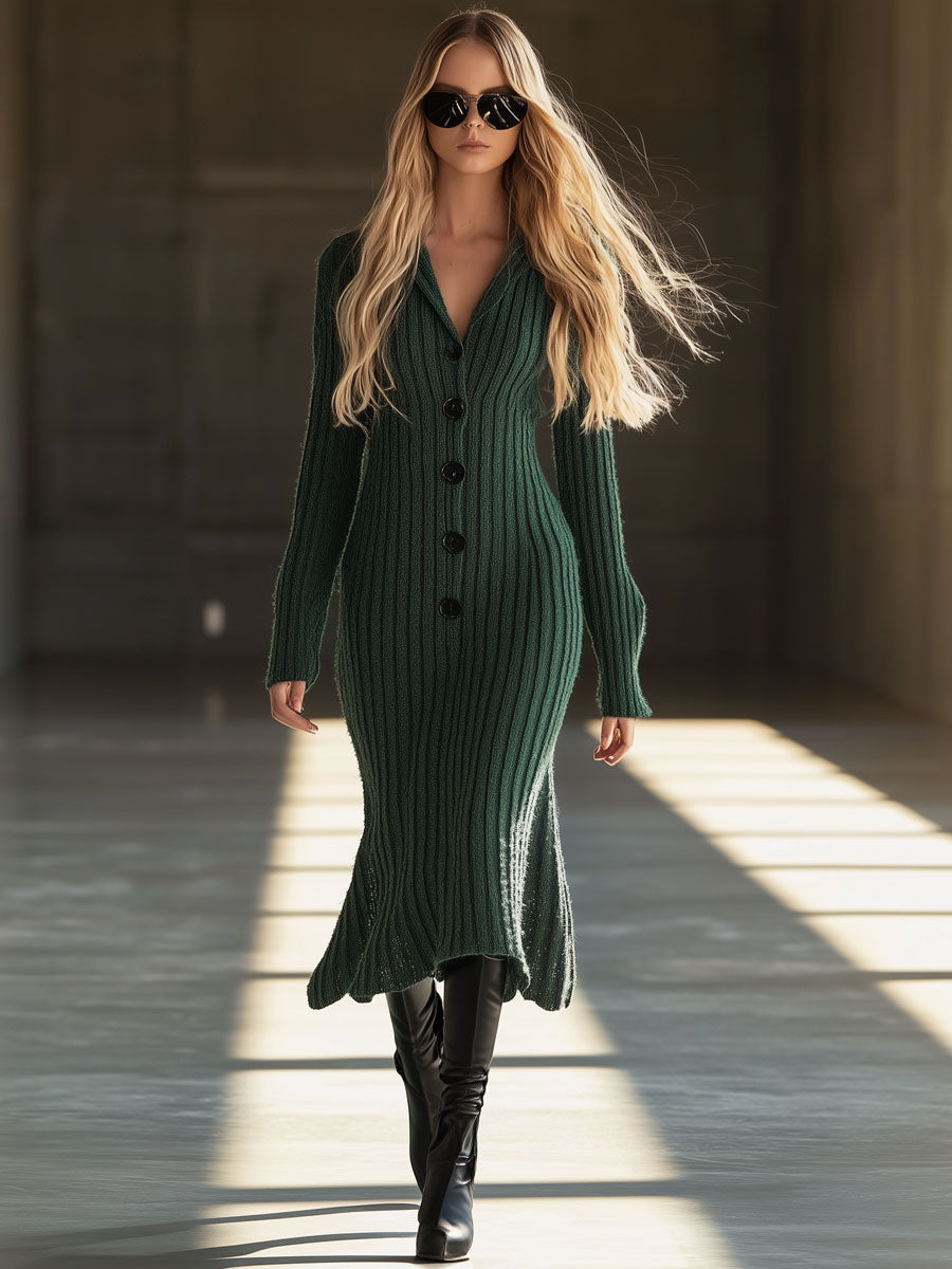 Vintage Round Neck Dark Green Knitted Fishtail Midi Dress