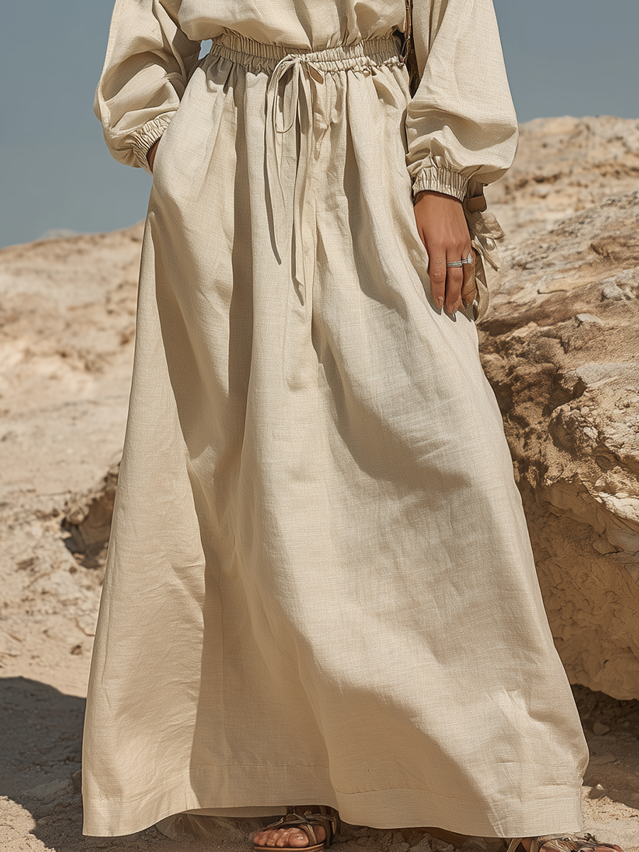 Vacation-style Cotton And Linen Hooded Long-sleeved Maxi Dress