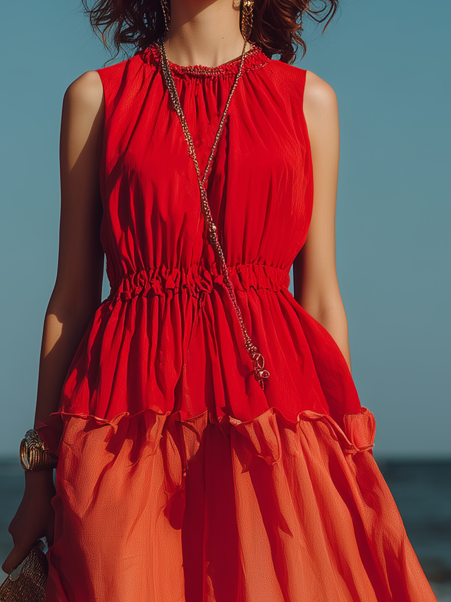 Vacation-style Sleeveless Round-neck Color-block Maxi Dress