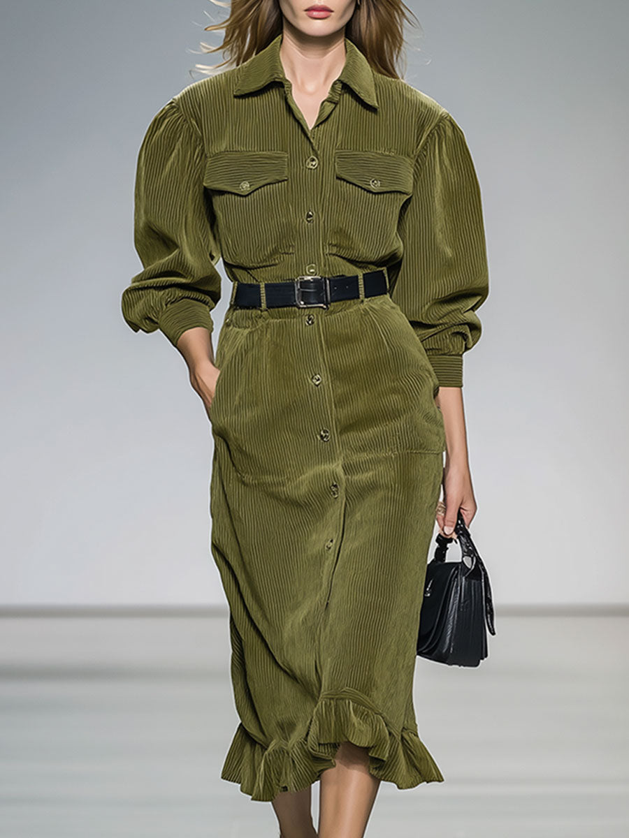 Fashion Retro Green Corduroy Slim Midi Dress