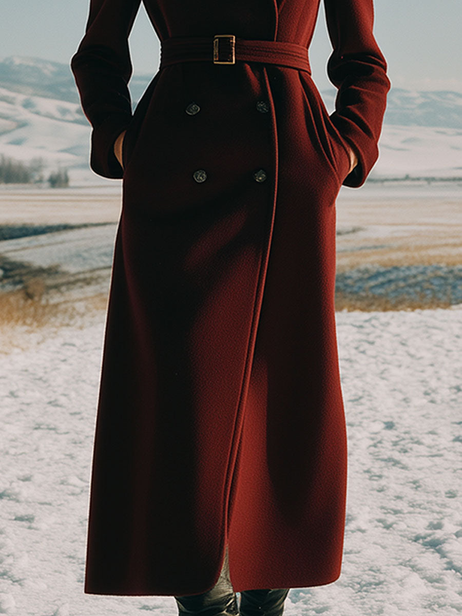 Luxury Waterproof Mink Collar Long Burgundy Wool Coat
