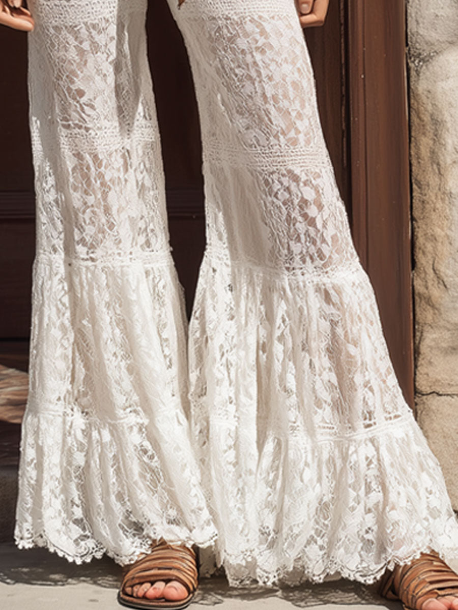 Retro Bohemian White Lace Flared Pants
