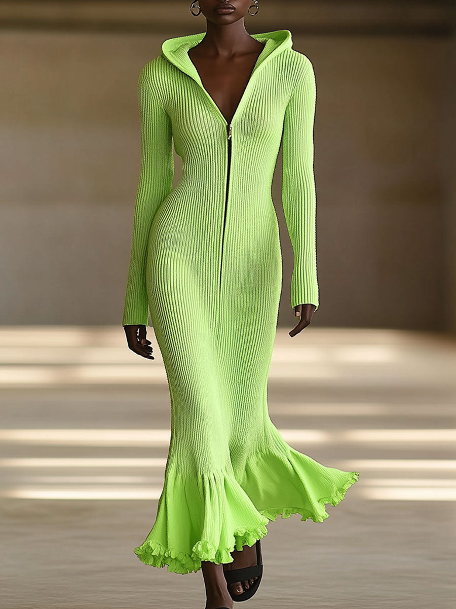 Fashionable Fluorescent Green Knitted Hooded Long-Sleeved Fishtail Maxi Dress