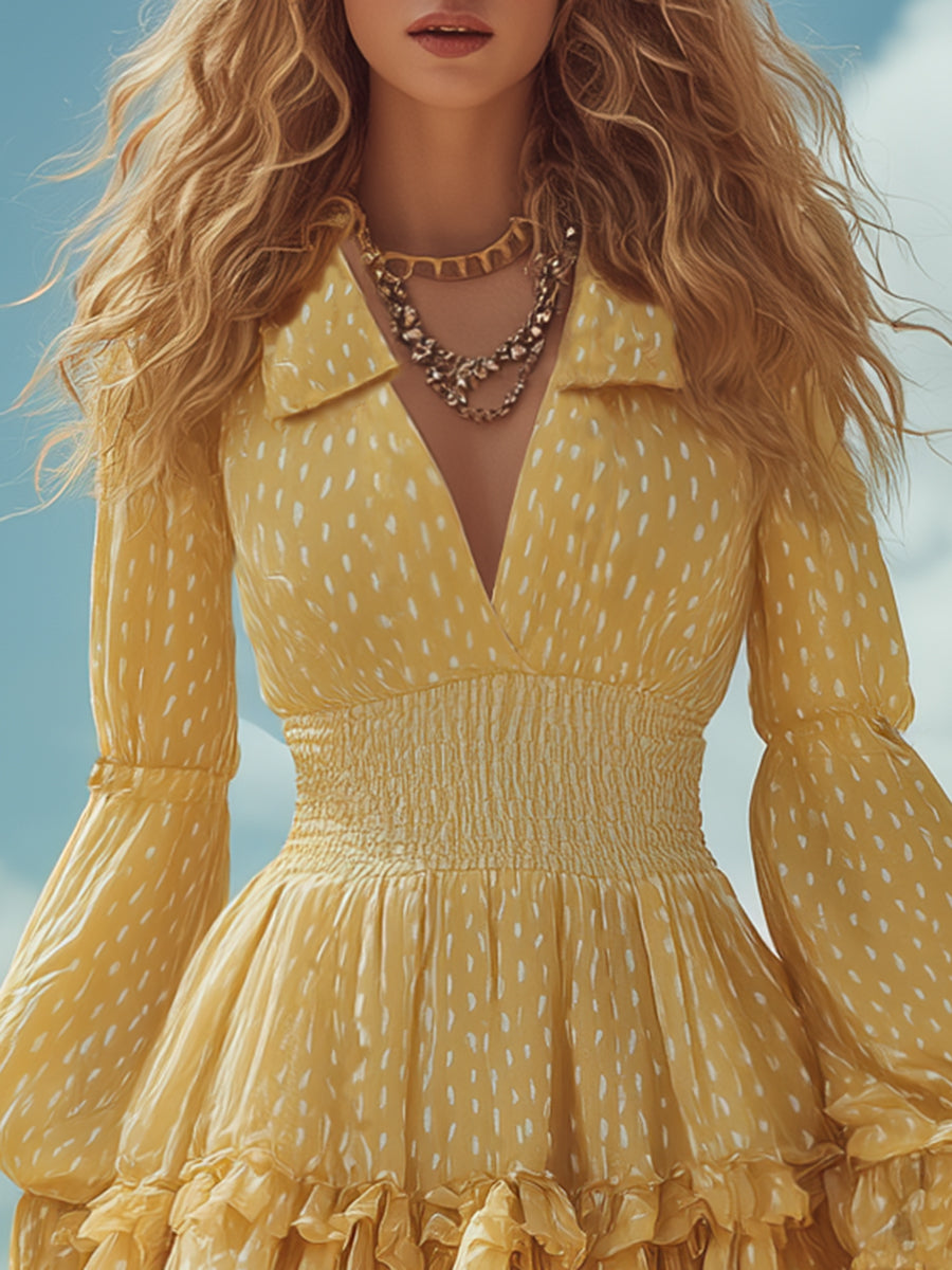 Vibrant And Sweet Yellow Polka Dot Collared Long-sleeved Mini Dress