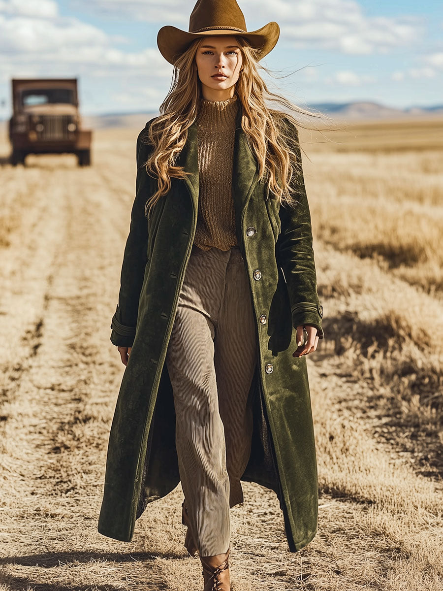 Casual Loose Western Vintage Army Green Velvet Long Coat