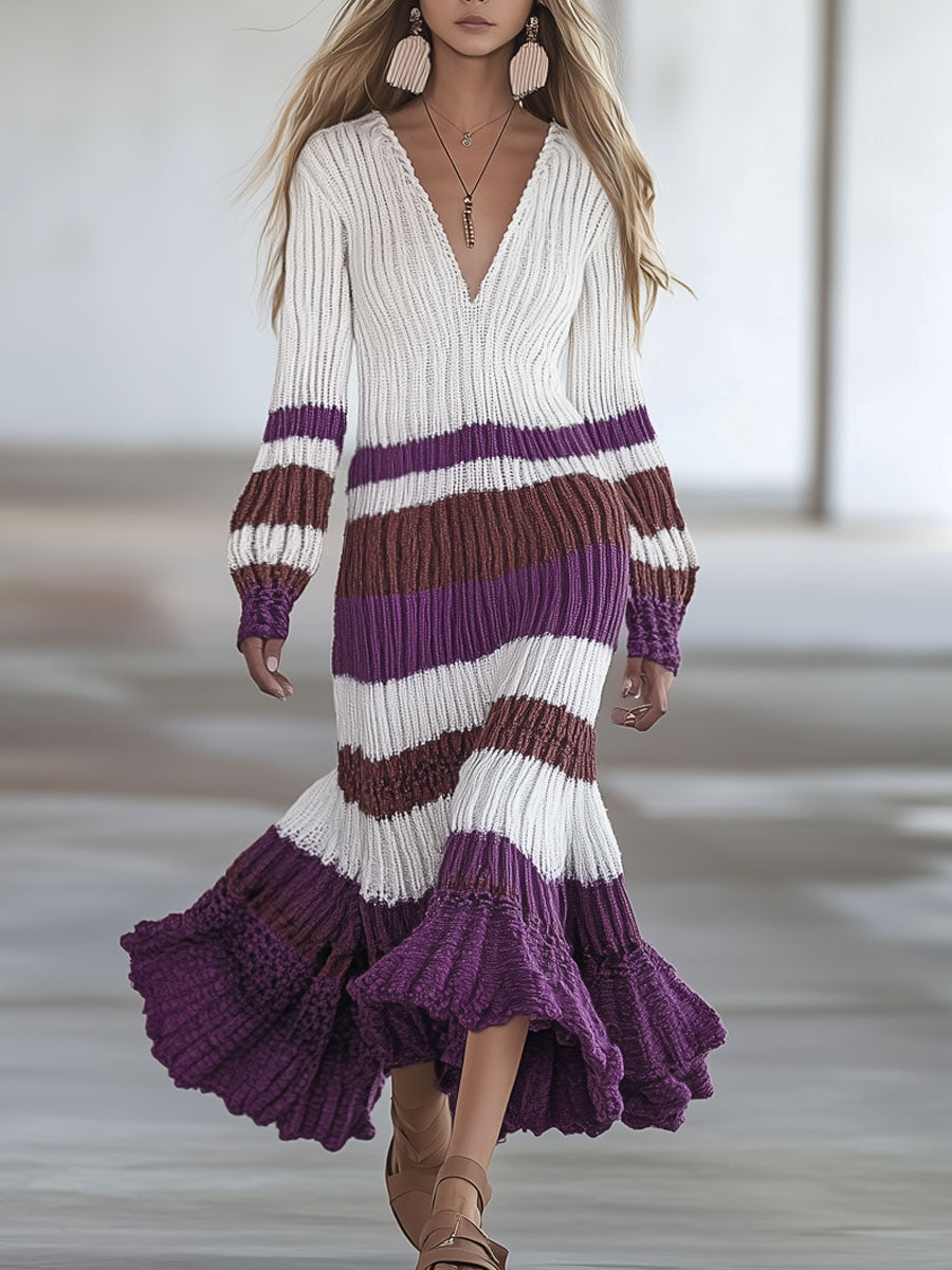 Elegant And Fashionable White And Purple Striped V-Neck Fishtail Midi Dress