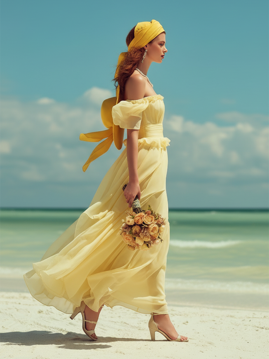 Vacation-style Chiffon Off-the-shoulder Short-sleeved Maxi Dress