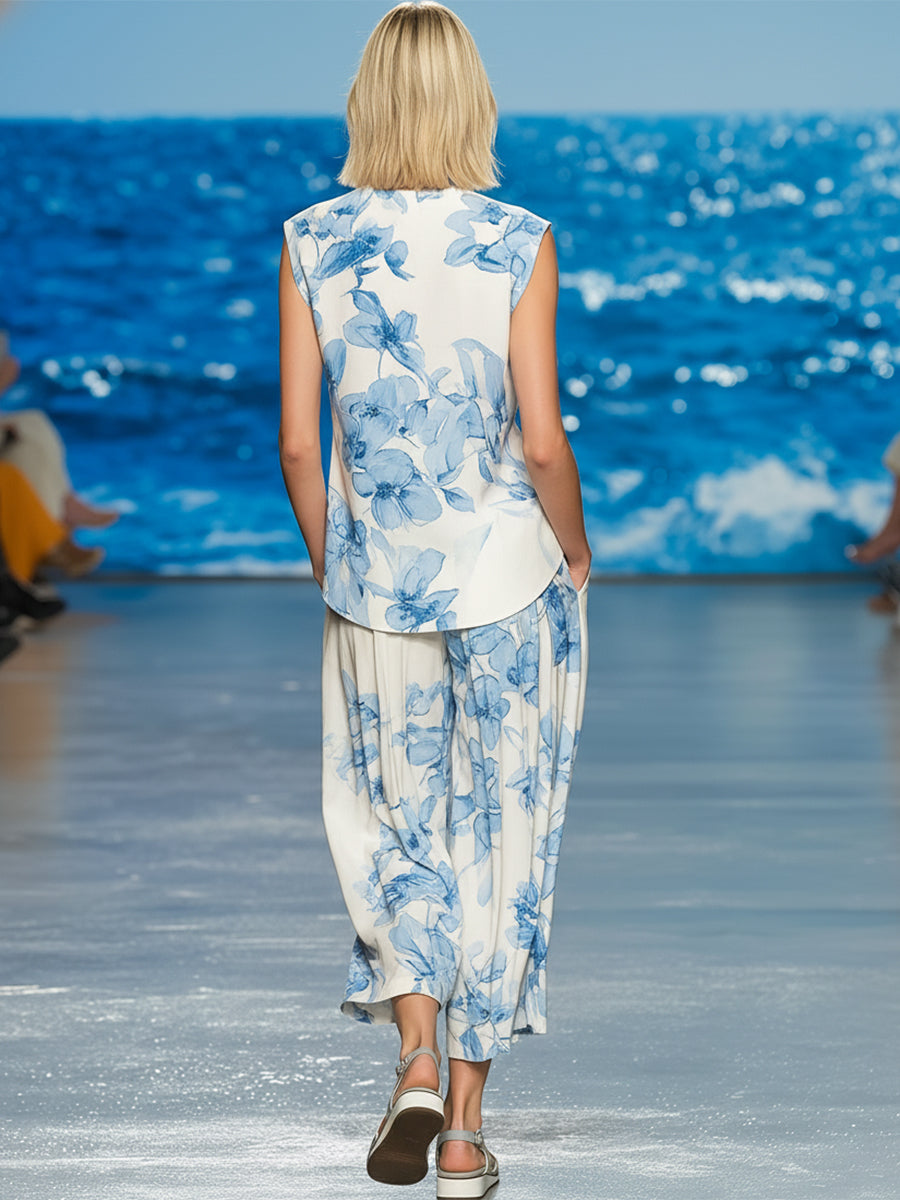 Simple And Elegant White Orchid Floral Print Satin Sleeveless Top And Wide-leg Pants Set