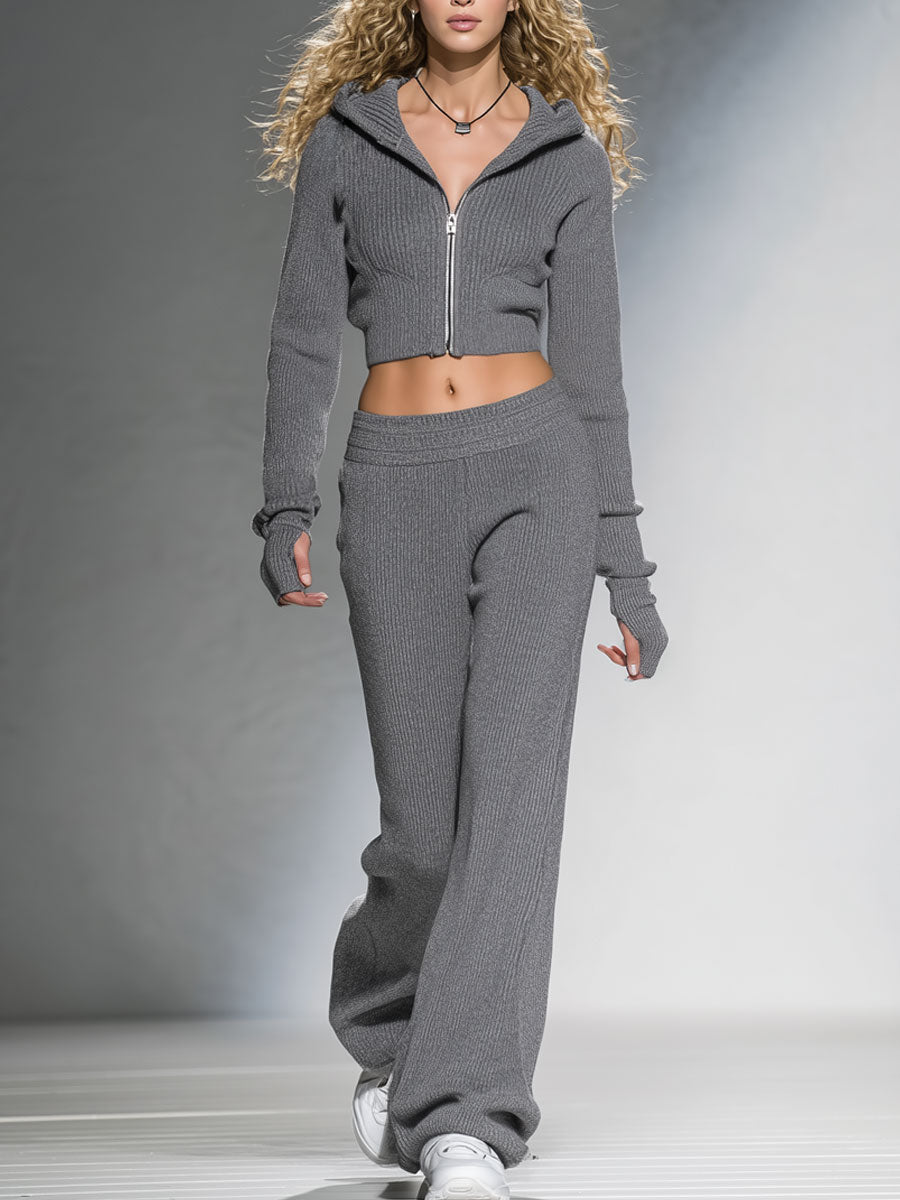 Fashionable Casual Sports Gray Pit Stripe Knitted Hooded Long-Sleeved Suit