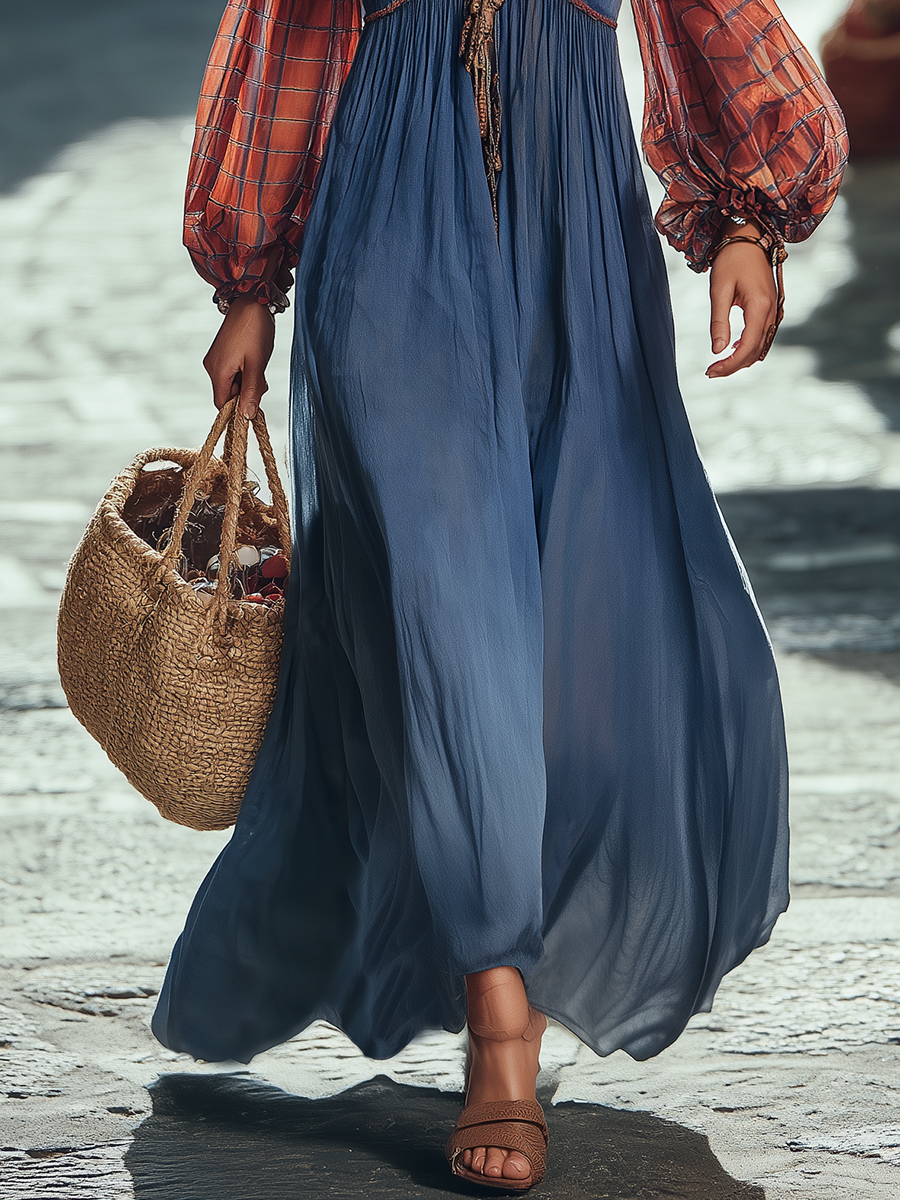 Retro Bohemian Red Plaid Sheer Sleeve V-Neck Blue Tencel Maxi Dress