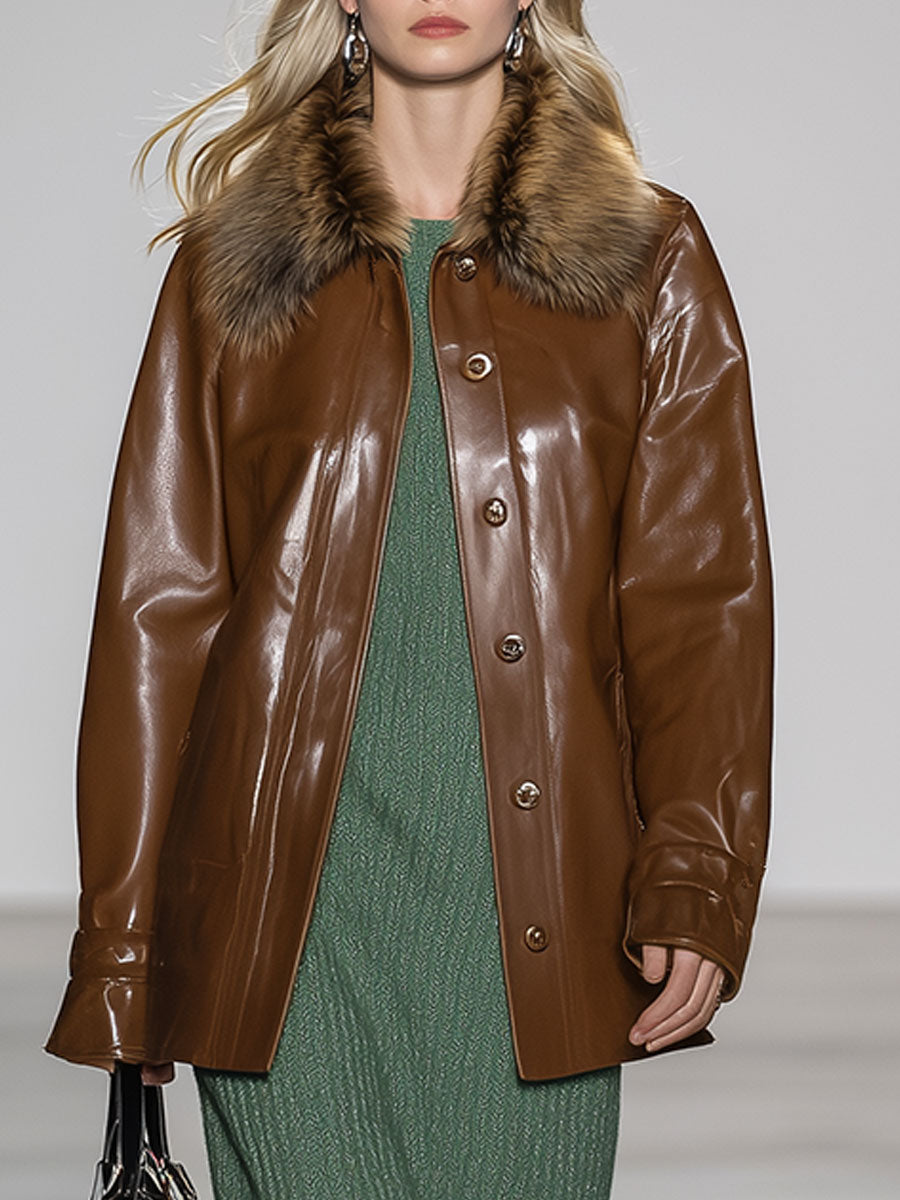 Casual Vintage Brown Faux Fur Collar Jacket