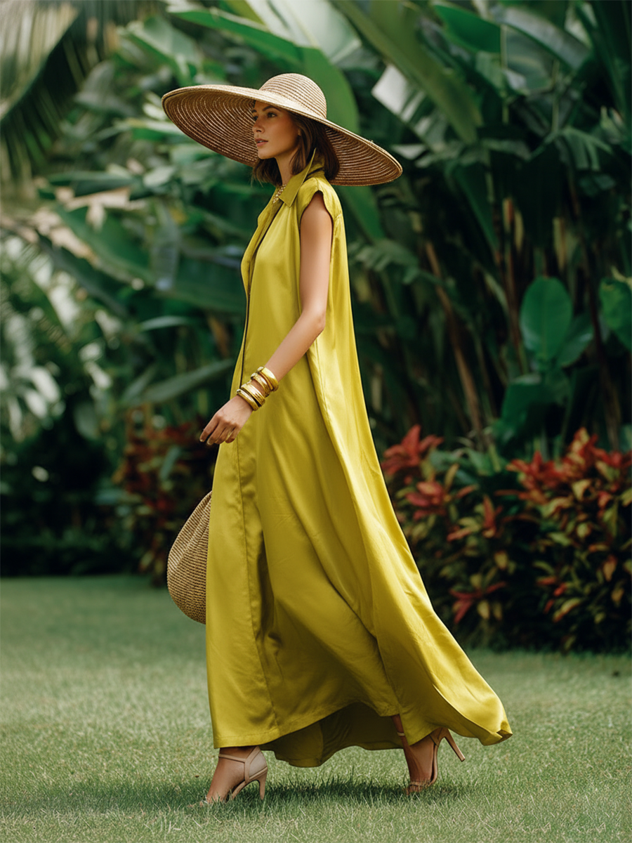 Luxurious Resort-style Lapel Sleeveless Satin Maxi Dress