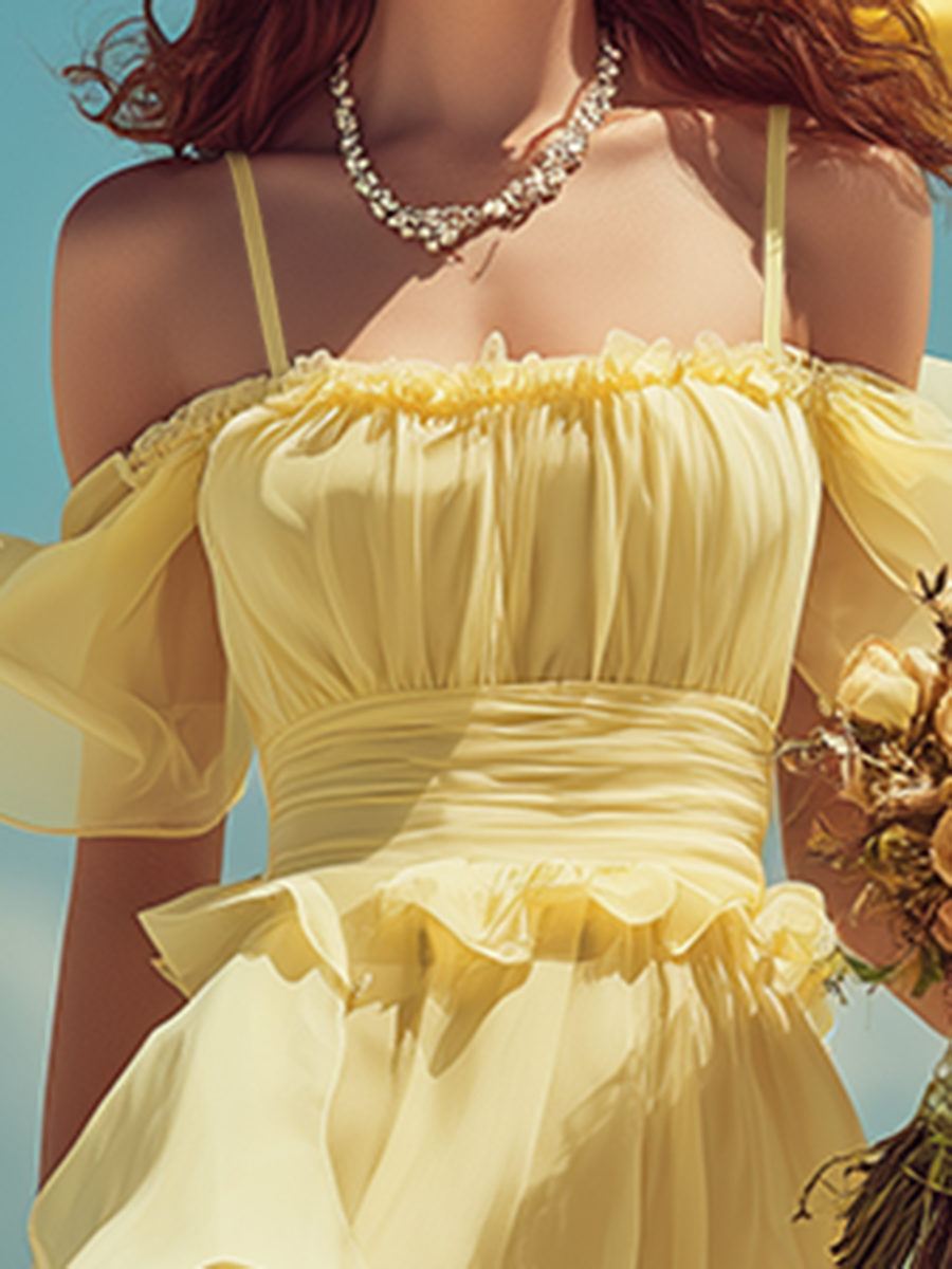 Vacation-style Chiffon Off-the-shoulder Short-sleeved Maxi Dress