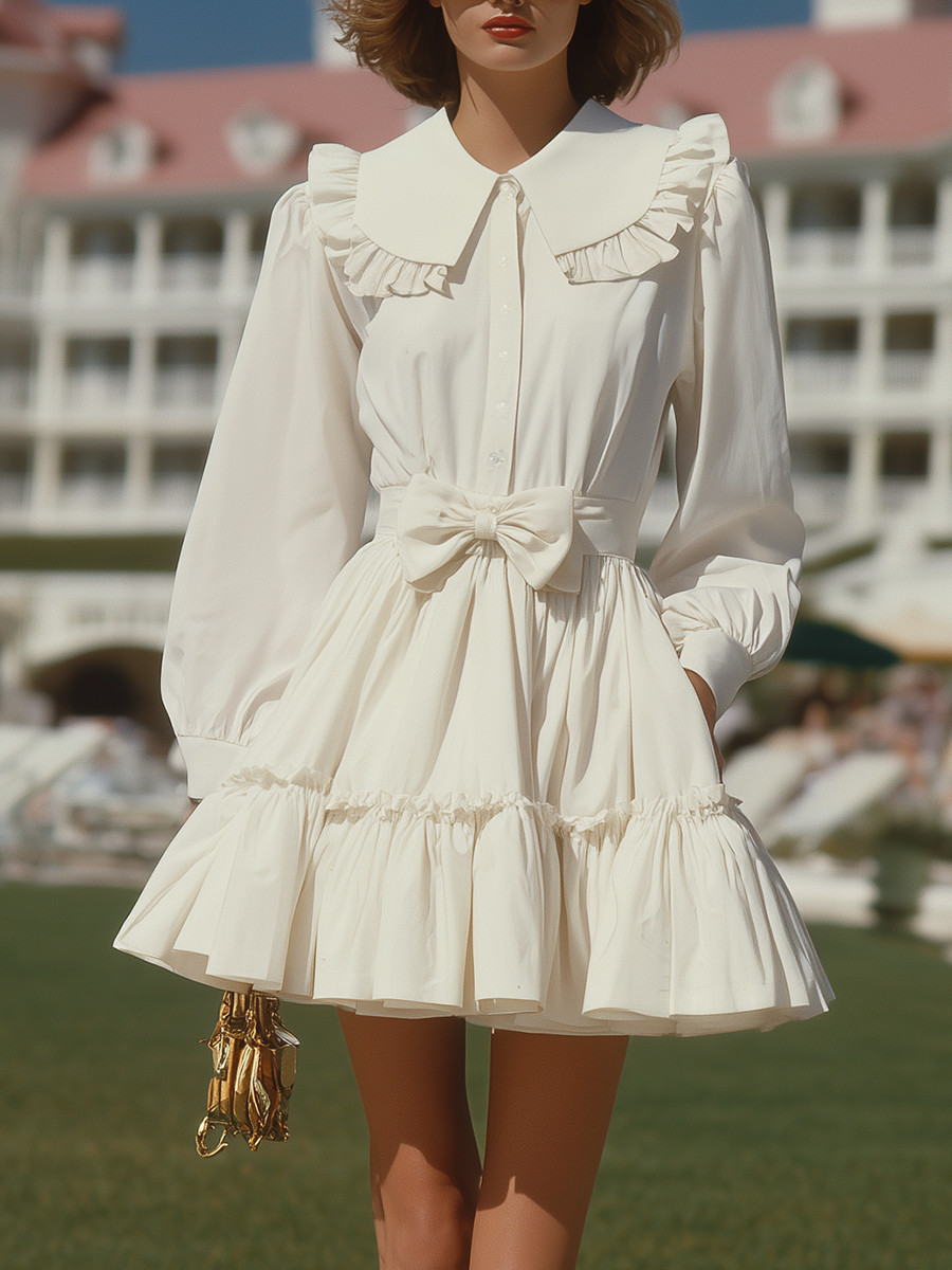 Vacation-style White Cotton Crew Neck Mini Dress