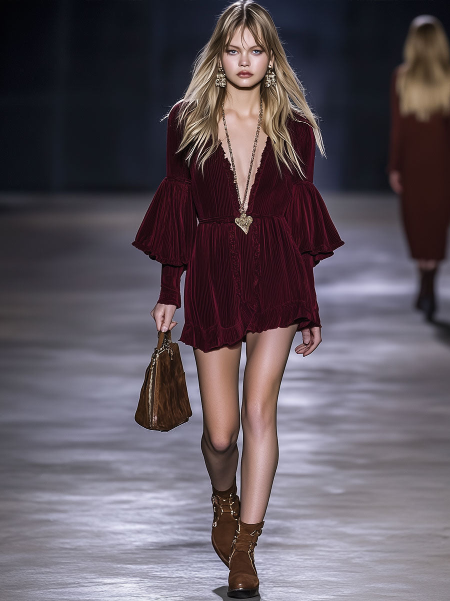 Fashion Retro Wine Red V-Neck Velvet Ruffled Mini Dress