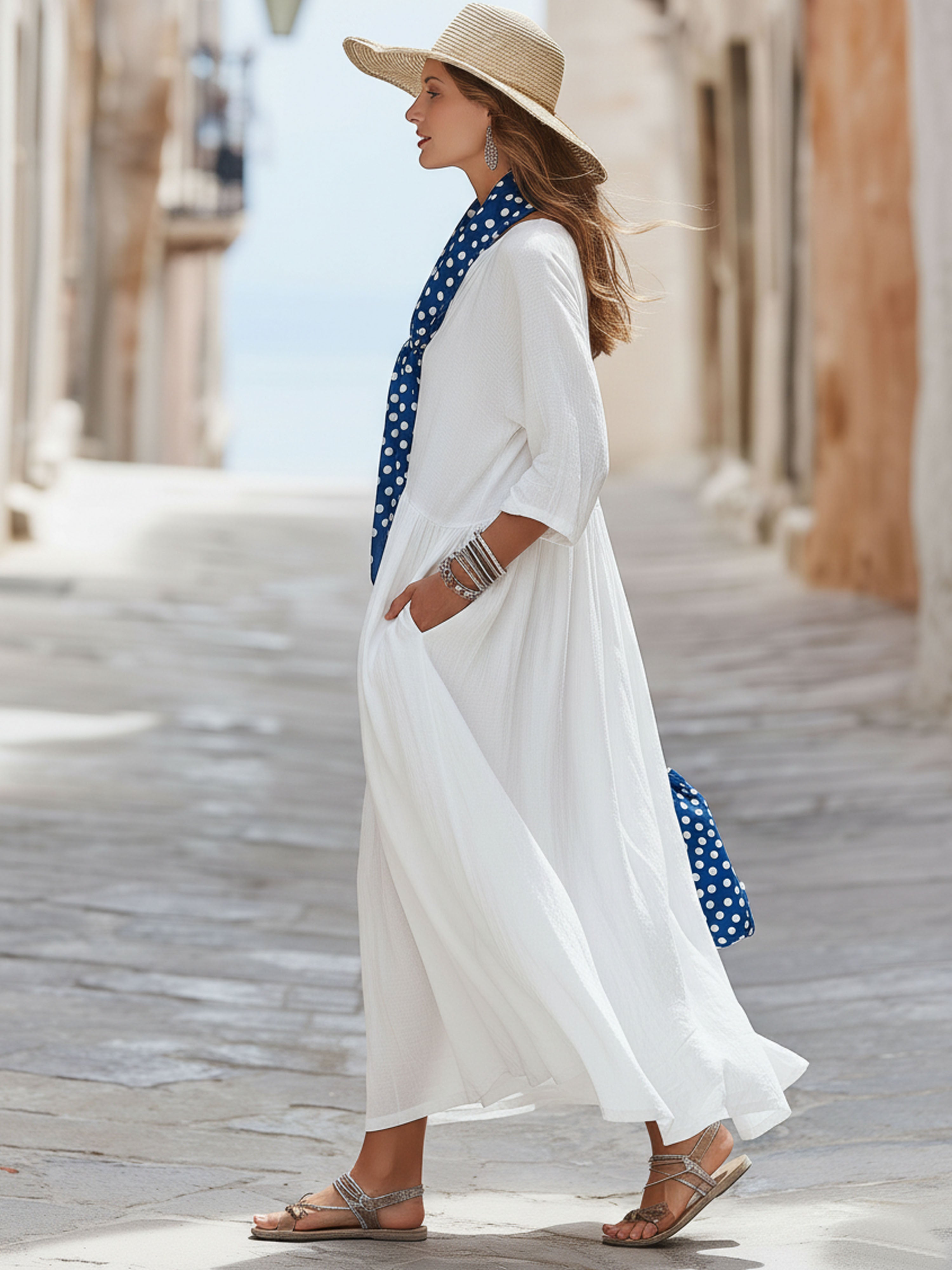 Elegant Blue Polka Dot Scarf And White Cotton Linen Mid-Sleeve Maxi Dress