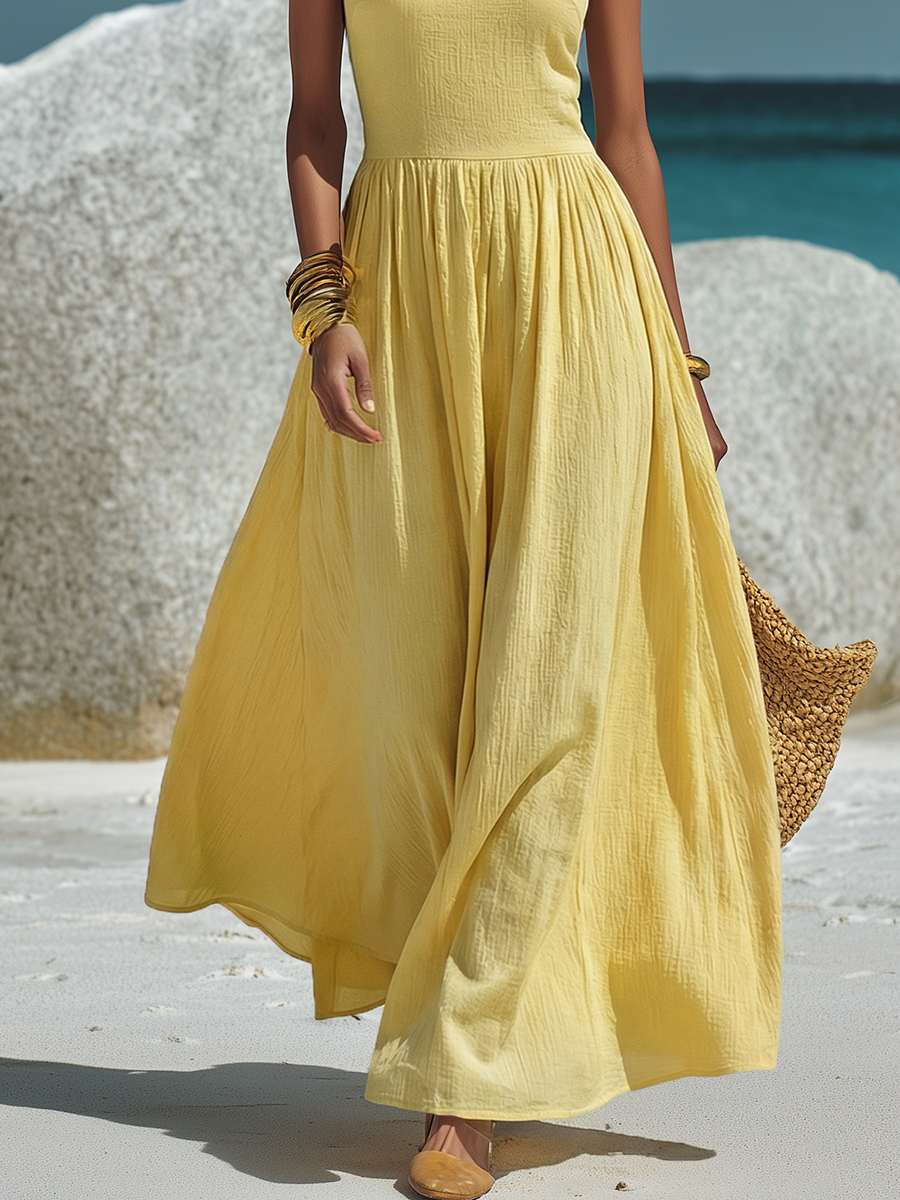 Minimalist Sleeveless Yellow Cotton Linen Maxi Dress