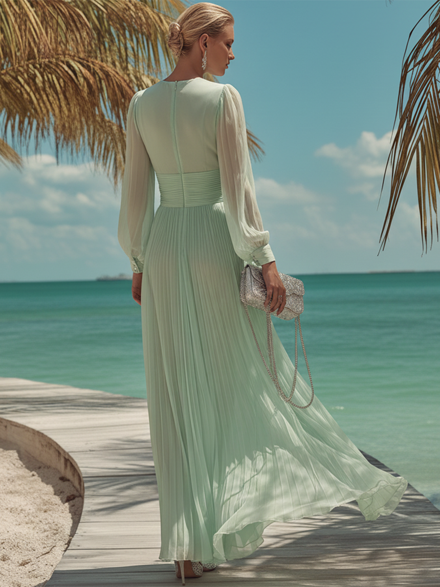 Fresh And Elegant Light Green Chiffon Pleated Maxi Dress