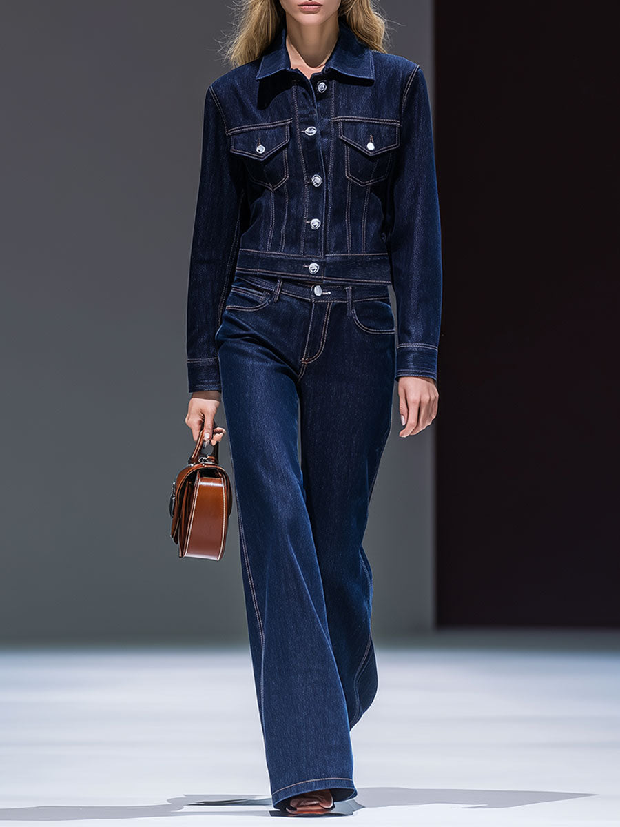 Retro Fashion Temperament Denim Long Sleeve Pocket Denim Suit