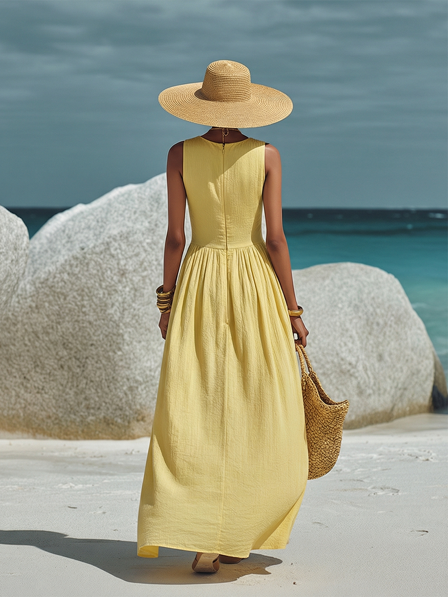 Minimalist Sleeveless Yellow Cotton Linen Maxi Dress