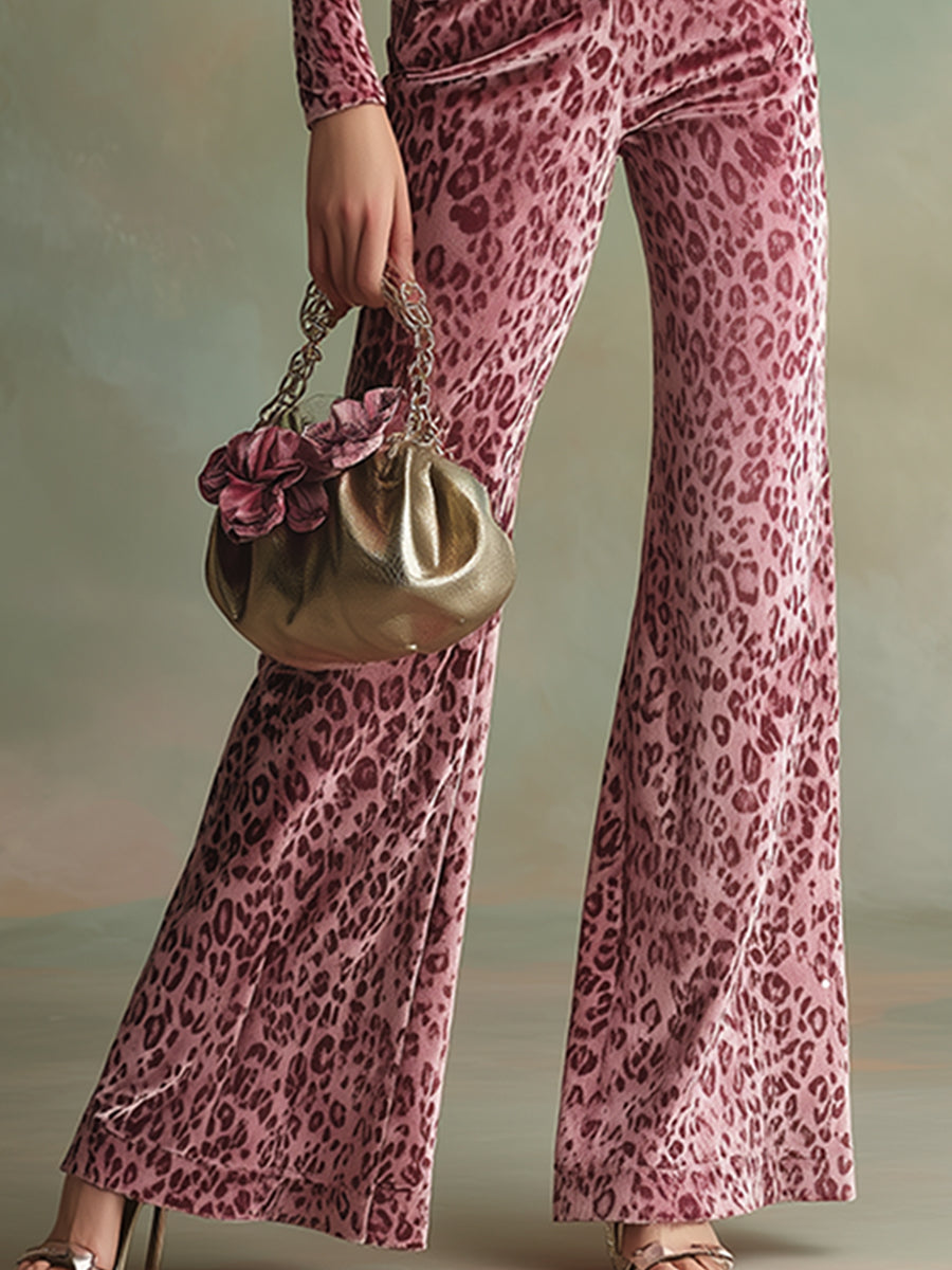Elegant Sporty Pink Leopard Print Velvet Front Zip Top Flared Pants Set