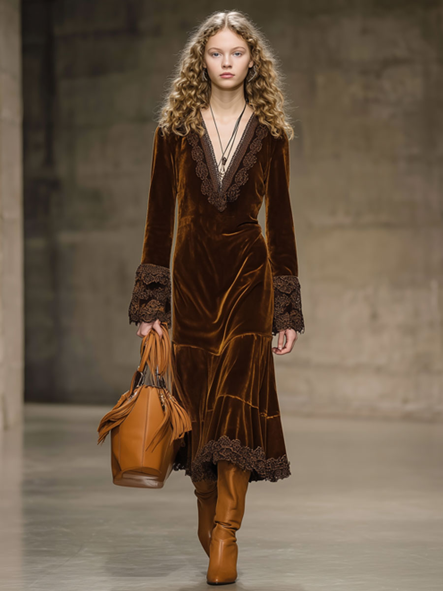 Vintage Caramel Brown Velvet Lace Long Sleeve Dress