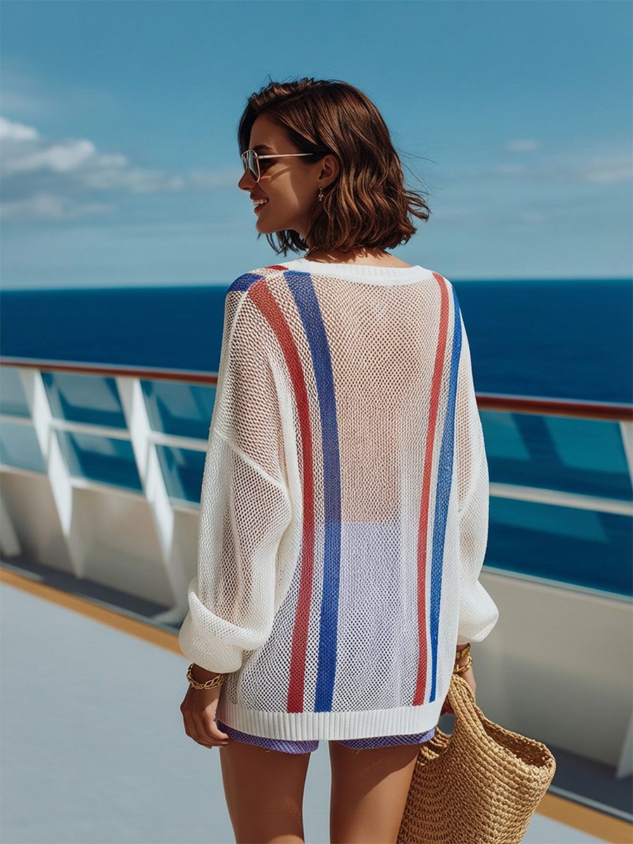 Trendy Beach Vacation Color-blocked Striped Lightweight Knit Top