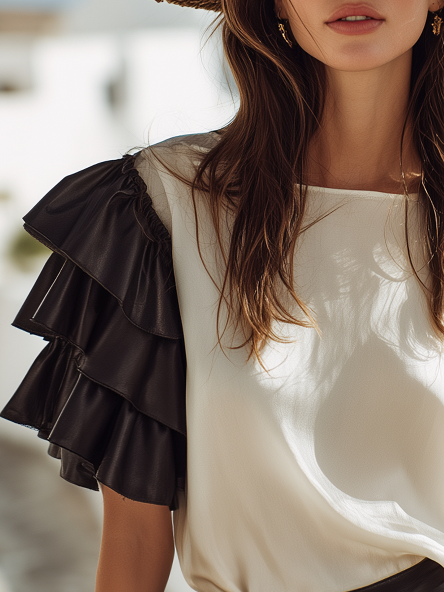 Vacation-style Black Faux Leather Ruffled Short-sleeved Off-white Satin Top