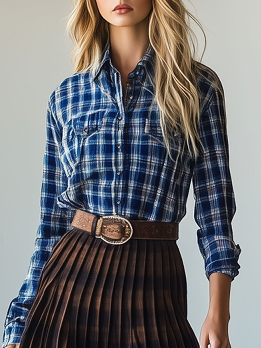 Casual Retro Blue Plaid Long Sleeve Shirt
