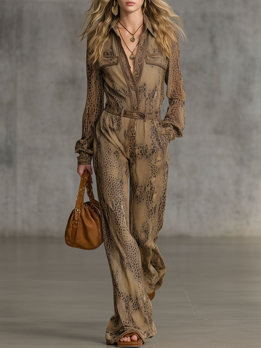 Vintage Khaki Chiffon Crocodile Pattern Long Sleeve Wide Leg Jumpsuit