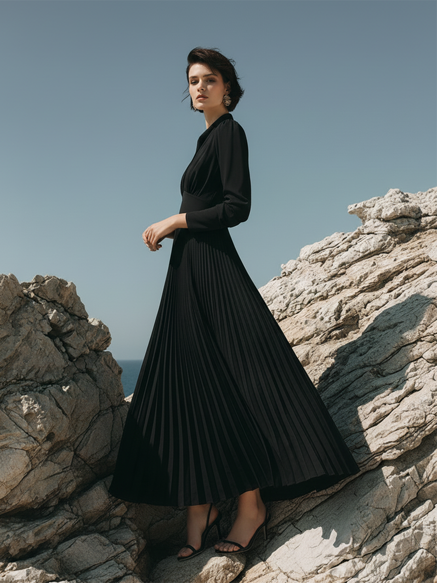 Elegant And Stylish V-neck Pleated Hem Black Maxi Dress