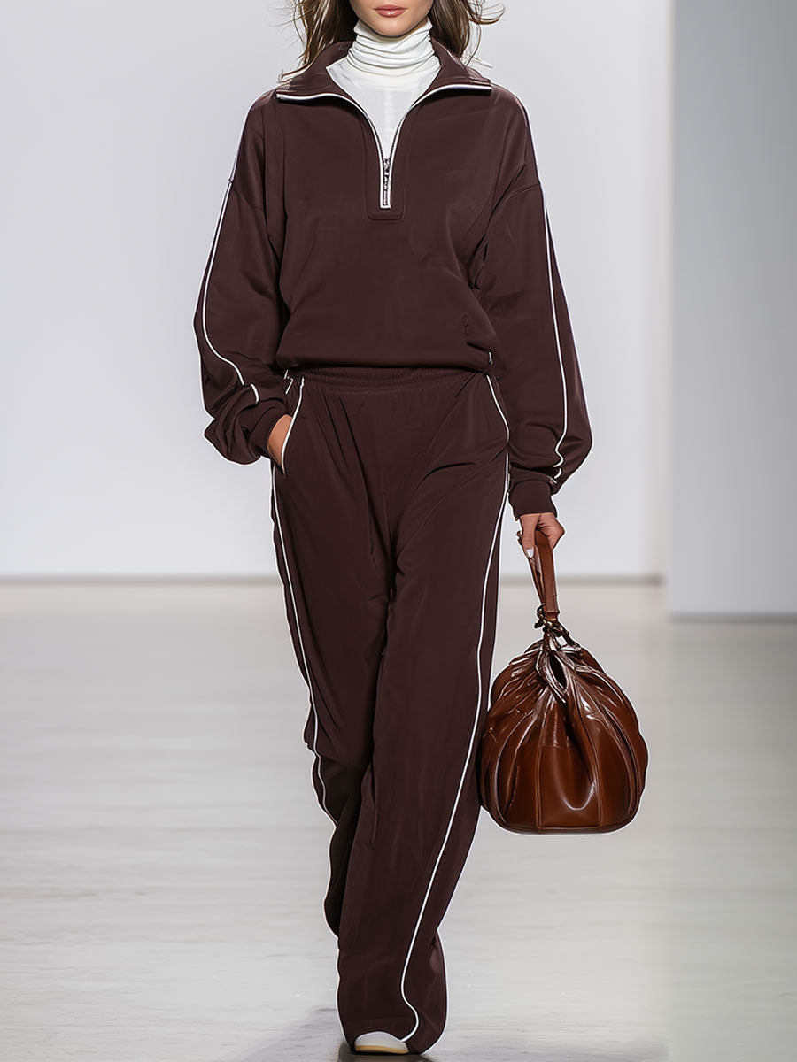 Retro Sports Lapel Half Zipper White Trim Brown Sports Suit