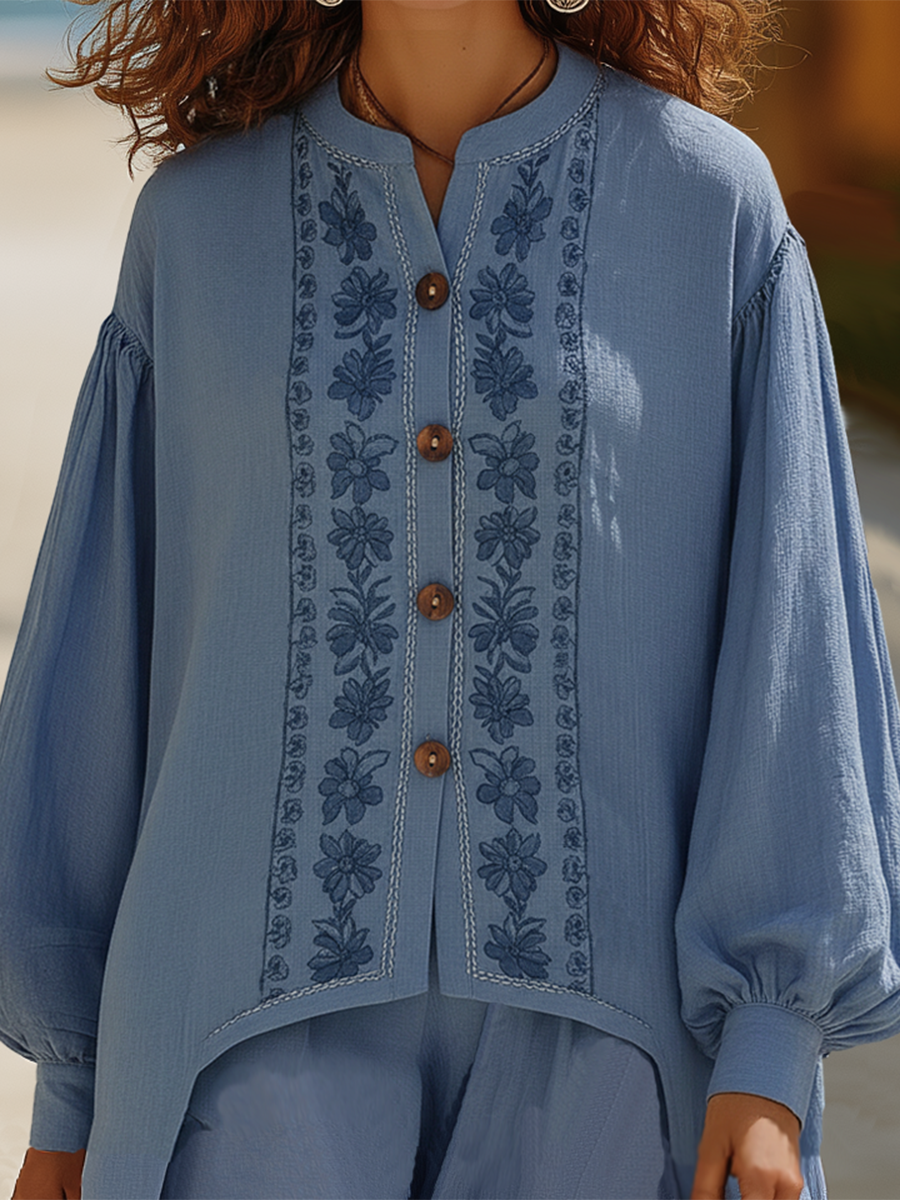 Bohemian Style Blue Tencel Embroidered Long-sleeved Shirt And Trousers Set