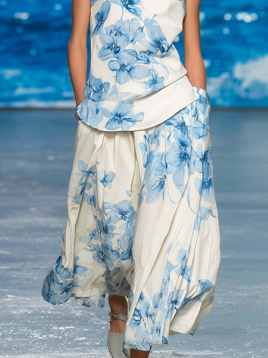 Simple And Elegant White Orchid Floral Print Satin Sleeveless Top And Wide-leg Pants Set