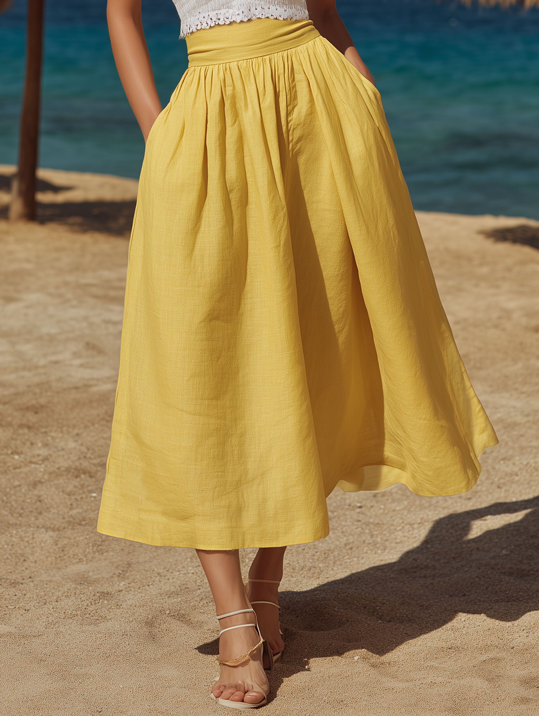 Resort-Style White Lace-Trimmed Top And Yellow Cotton-Linen Skirt Set
