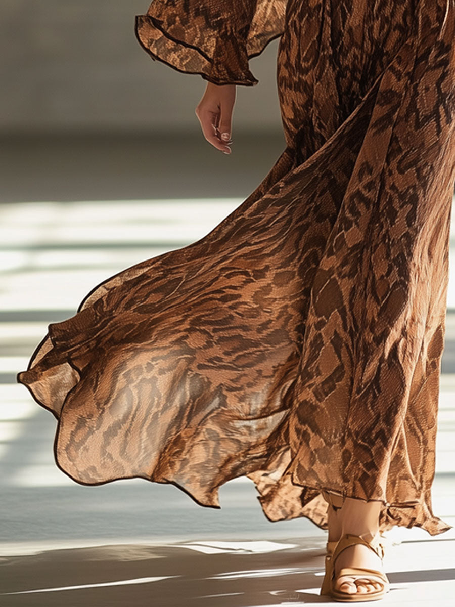 Vintage Brown Chiffon Snake Print Flared Long Sleeve Maxi Dress