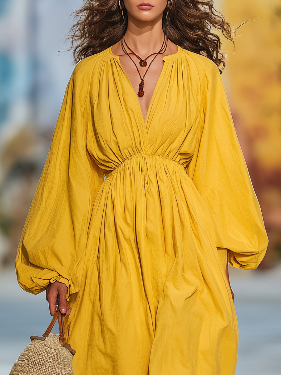 Simple Loose-fitting Bohemian Yellow Cotton Maxi Dress